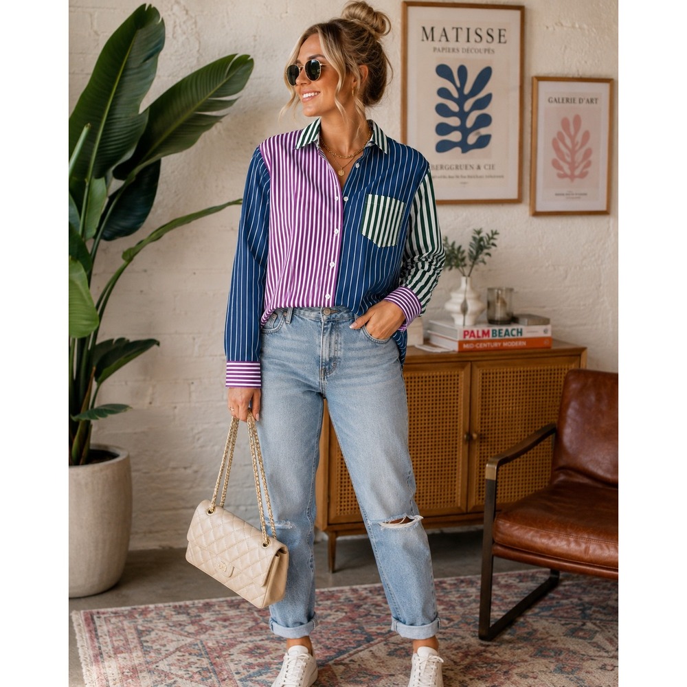 GAP The Big Shirt Womens Extra Small Petite Oversized Stripe Cotton Preppy Top
